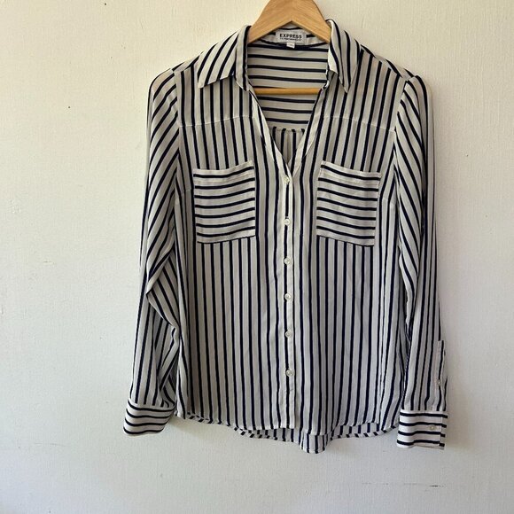 Express Portofino Shirt Womens Small Blue Striped Collared Button Front Nautical - Picture 1 of 7